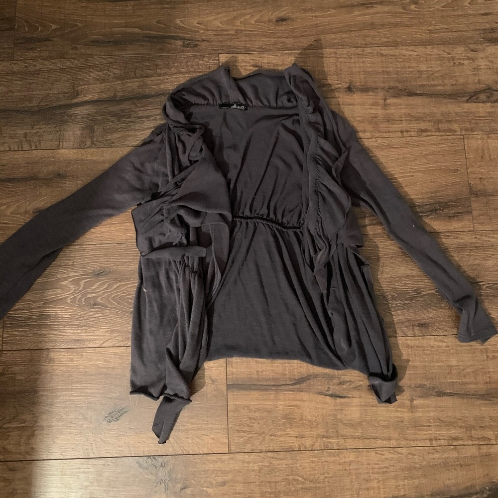 gray ruffled cardigan